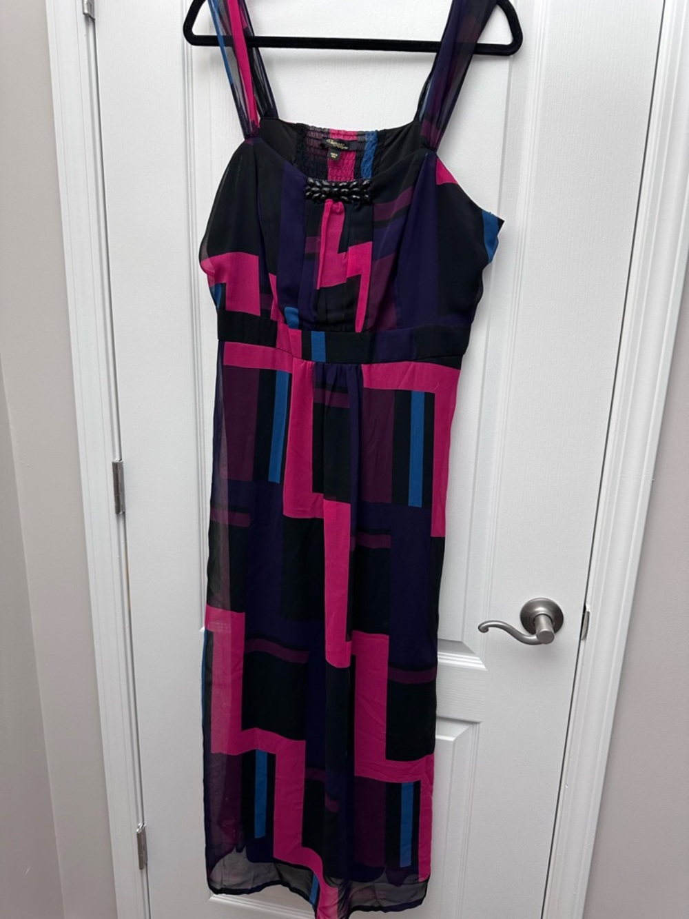 Urge Sleeveless Geometric Maxi Dress in Magenta, Navy and Black